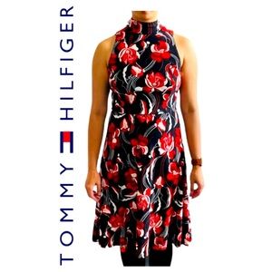 ✂️  3/$25! Tommy Hilfiger Floral A-Line Halter Mock-neck midi black-red-white 8